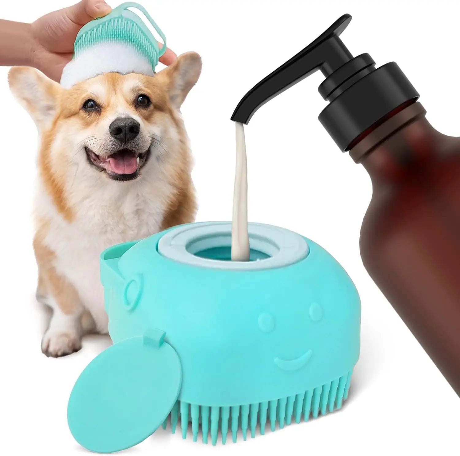 Pet Grooming Bath Massage Brush with Soap and Shampoo Dispenser